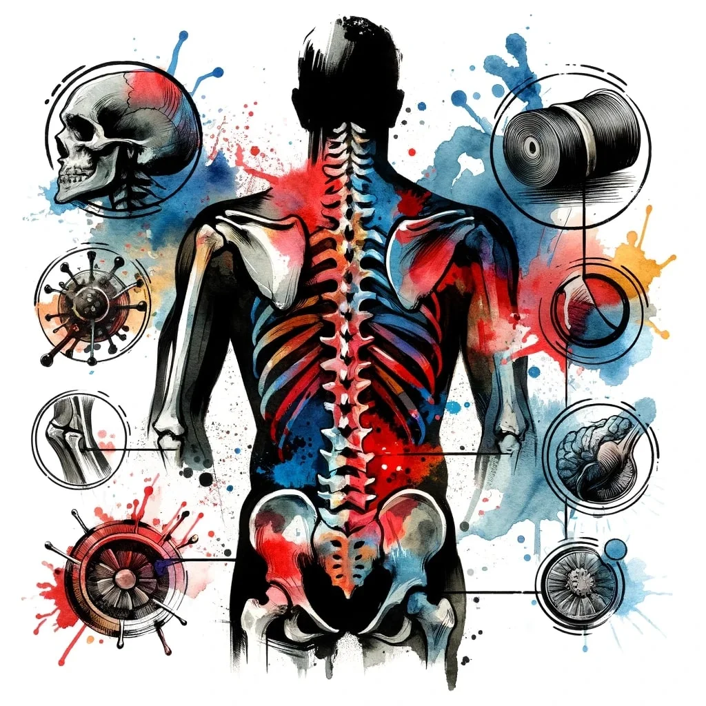 Physiotherapie in Solothurn - causes of Lumbago (Hexenschuss). Create an abstract, dynamic portrayal of the lower back