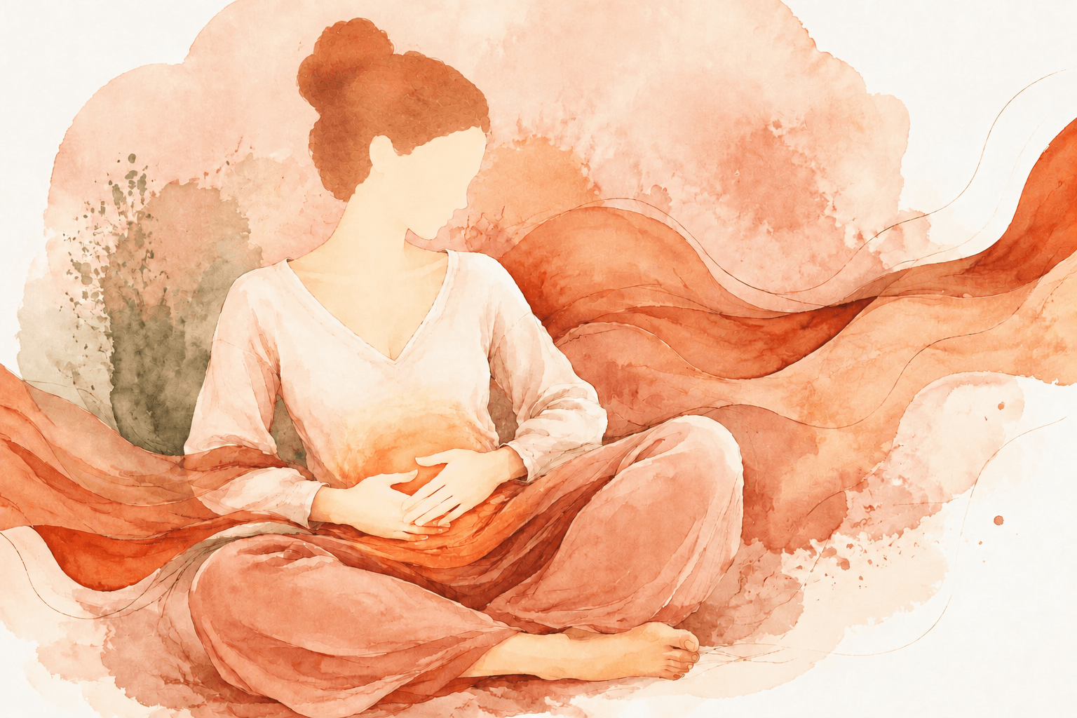 Frau mit den Händen am Unterbauch – Wärme und Entspannung bei Menstruationsschmerzen.