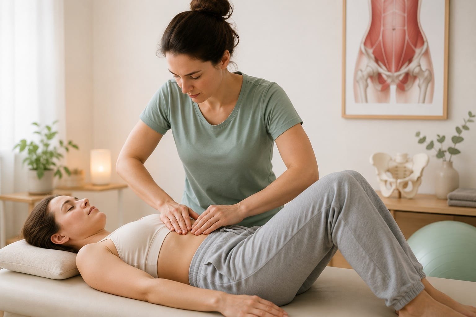 Physiotherapie bei Menstruationsschmerzen: Therapeutische Behandlung von Unterbauch und Becken zur Linderung von Regelschmerzen.