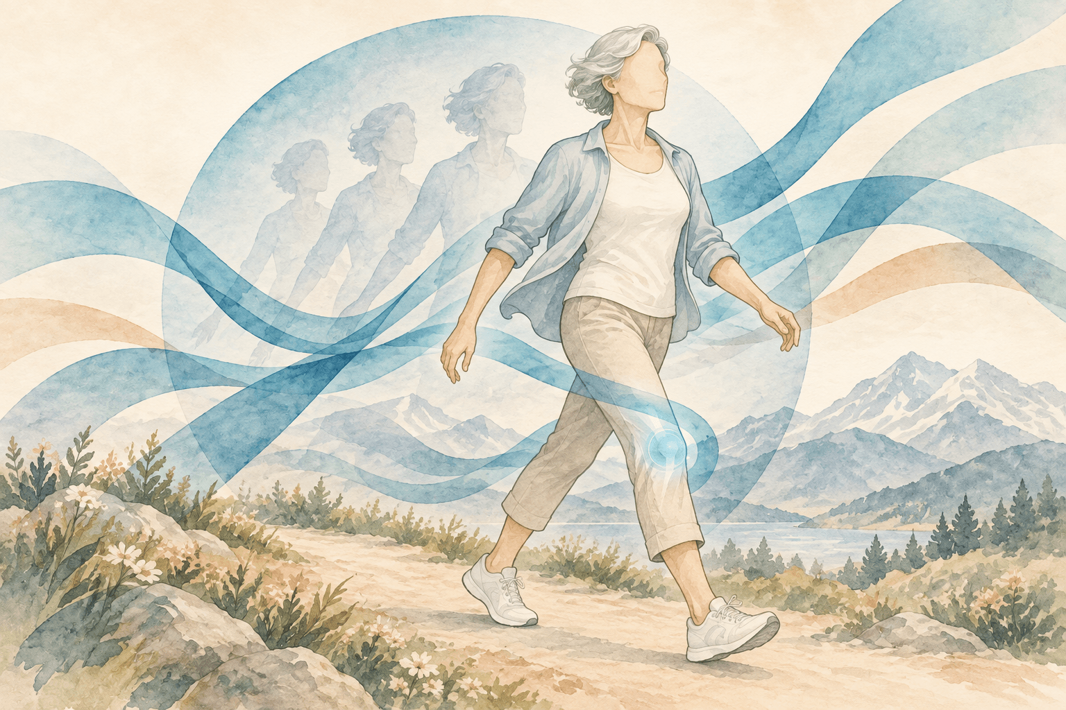 Aquarellillustration: ältere Frau geht aktiv mit Arthrose im Knie