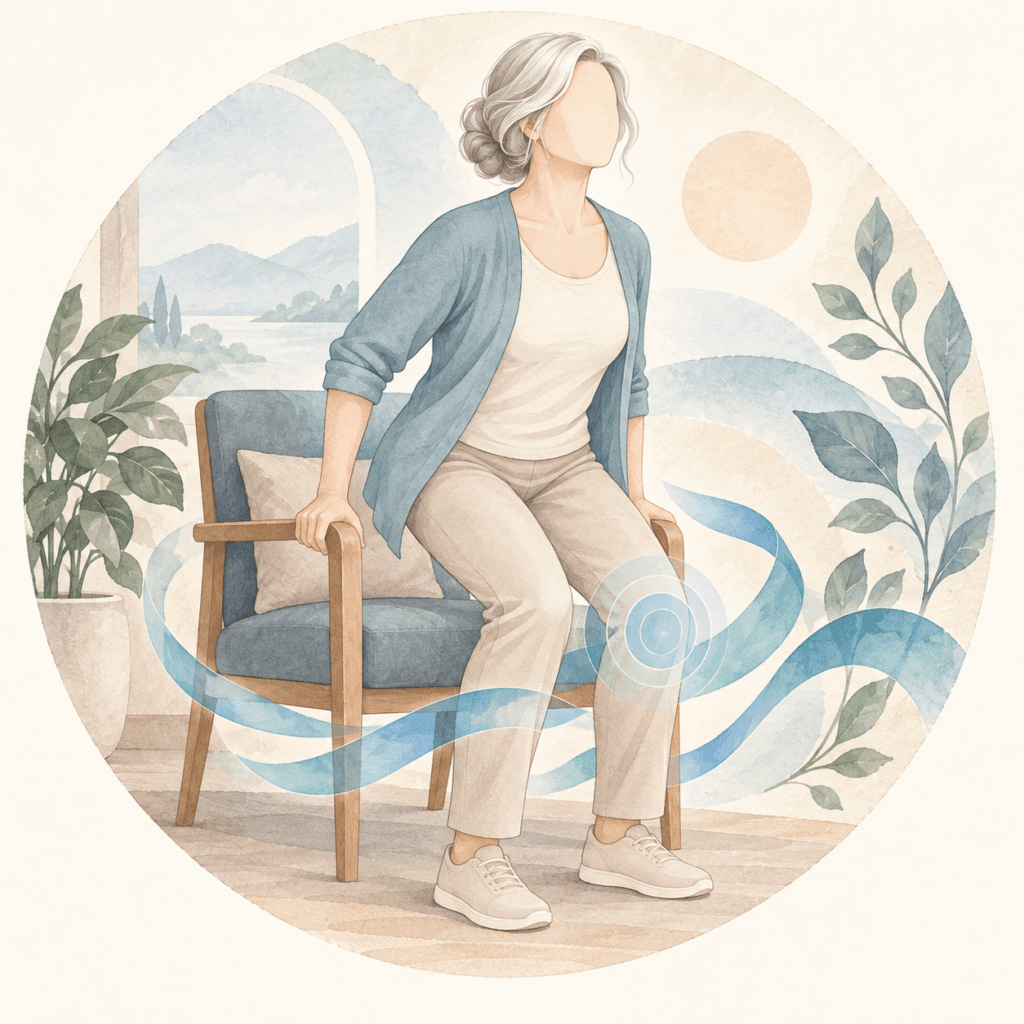 Aquarellillustration: Frau mit Kniearthrose steht von einem Stuhl auf