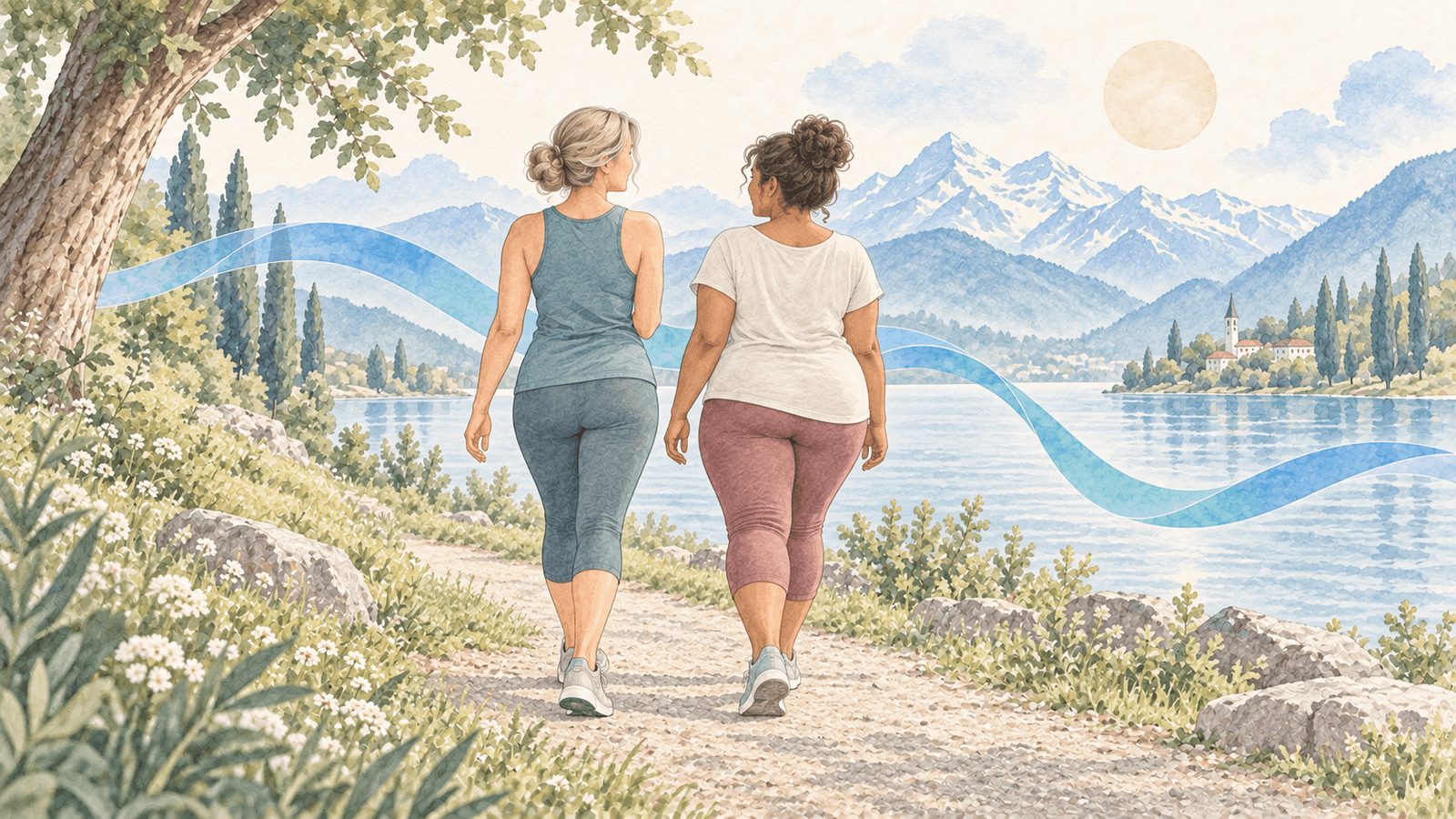 Zwei Frauen gehen gemeinsam am See spazieren – Lipödem und Lymphödem
