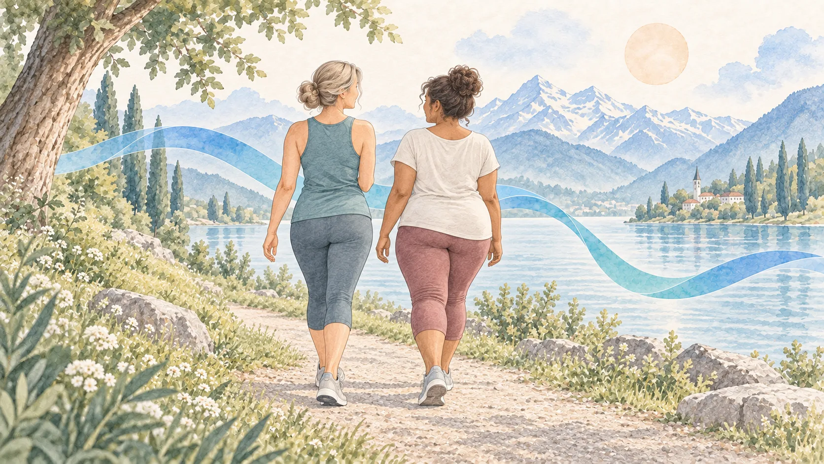 Zwei Frauen gehen gemeinsam am See spazieren – Lipödem und Lymphödem